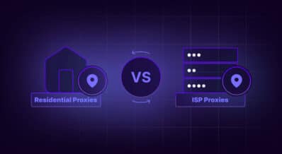 Illustration depicting a comparison between Residential Proxies and ISP Proxies, with icons representing each type, a house for Residential Proxies and server stacks for ISP Proxies, separated by a "VS" in the center.
