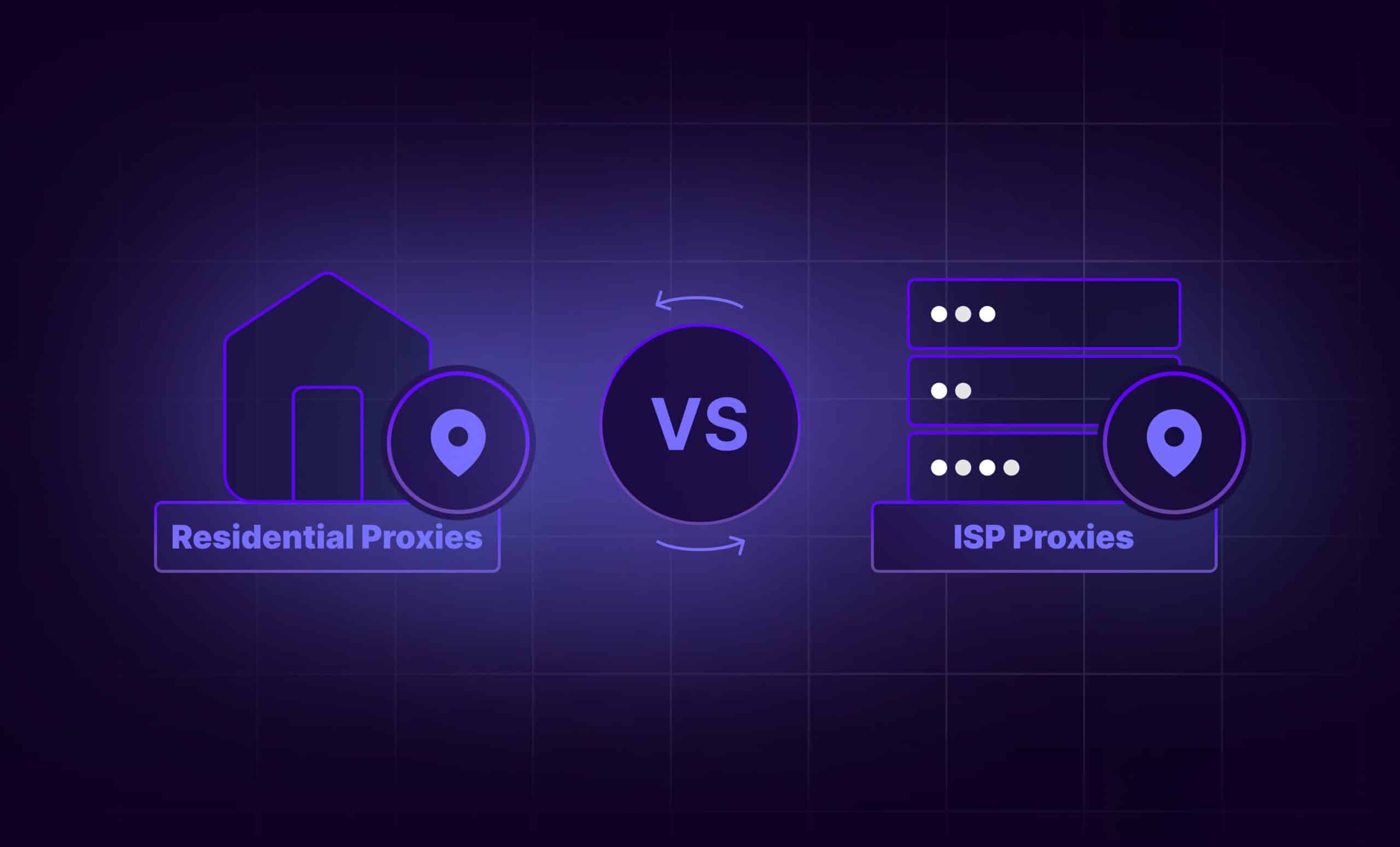 Illustration depicting a comparison between Residential Proxies and ISP Proxies, with icons representing each type, a house for Residential Proxies and server stacks for ISP Proxies, separated by a "VS" in the center.