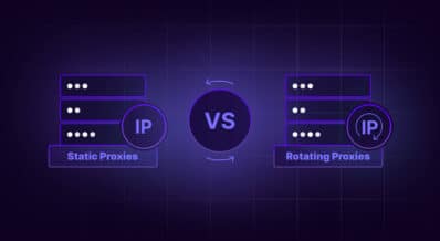 Illustration comparing static proxies and rotating proxies, with each represented by server icons and labeled accordingly on a purple background.