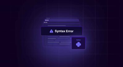 A digital illustration of a computer screen displaying a "Syntax Error" message with a caution symbol, indicating an issue in the code. The Python logo is shown, suggesting the programming language used.