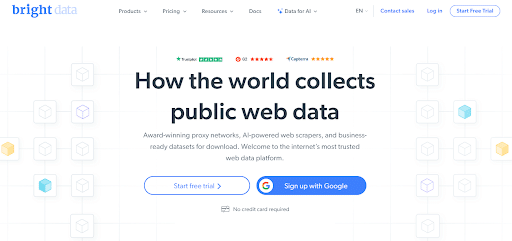Bright Data website homepage featuring a headline about collecting public web data and options to start a free trial or sign up with Google.