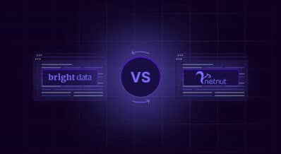 A dark-themed graphic comparing "bright data" and "netnut," featuring their logos on opposite sides with a "VS" in the center, surrounded by arrows.