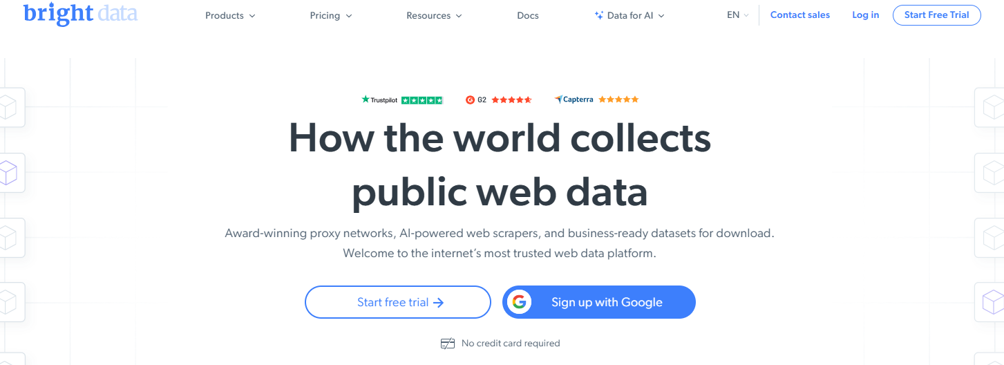 Screenshot of the Bright Data homepage highlighting services related to public web data collection, with options to start a free trial or sign up with Google.