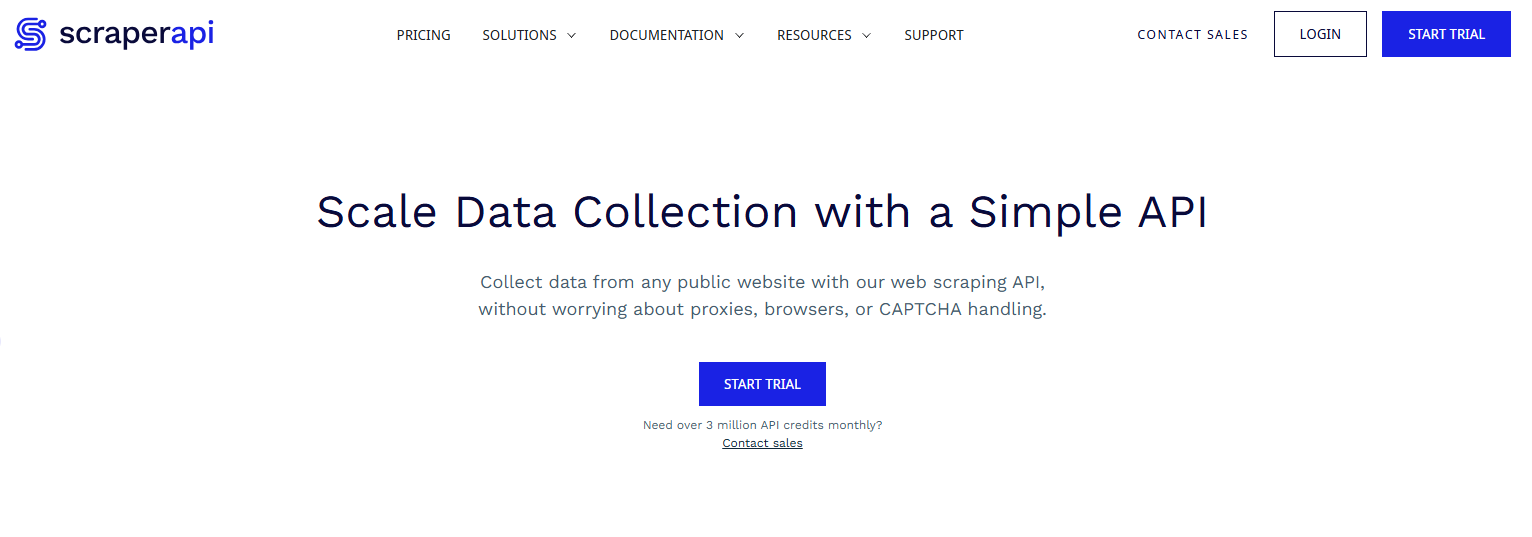 Screenshot of the ScraperAPI website homepage featuring a marketing headline "Scale Data Collection with a Simple API" and options to start a trial or contact sales. The page includes navigation links for pricing, solutions, documentation, resources, and support, with emphasis on the ease of data collection using their web scraping API.