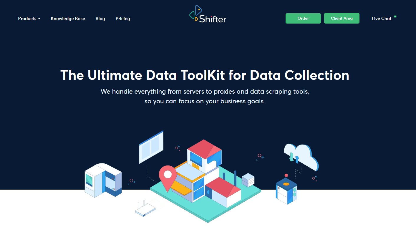 Webpage screenshot of Shifter, displaying the tagline 'The Ultimate Data ToolKit for Data Collection' with a graphic of servers and networks on a dark blue background. Menu options include Products, Knowledge Base, Blog, and Pricing.