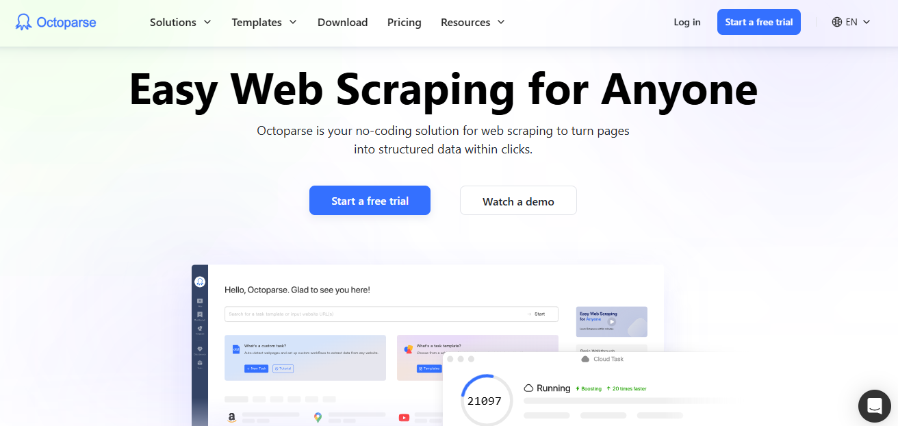 Screenshot of the Octoparse website homepage featuring the tagline 'Easy Web Scraping for Anyone.' It highlights Octoparse as a no-coding solution for web scraping and includes buttons for starting a free trial and watching a demo, along with a partial view of the software interface.
