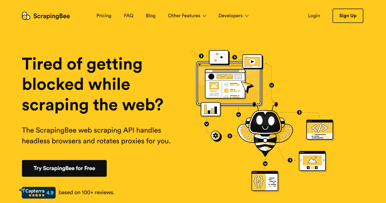 A promotional image for ScrapingBee featuring a bee-themed design, with the main text saying, "Tired of getting blocked while scraping the web?" and a description of ScrapingBee's web scraping API capabilities. The image includes icons representing data analysis, programming code, and JSON with a bee character in the center. There is a call-to-action button labeled "Try ScrapingBee for Free."