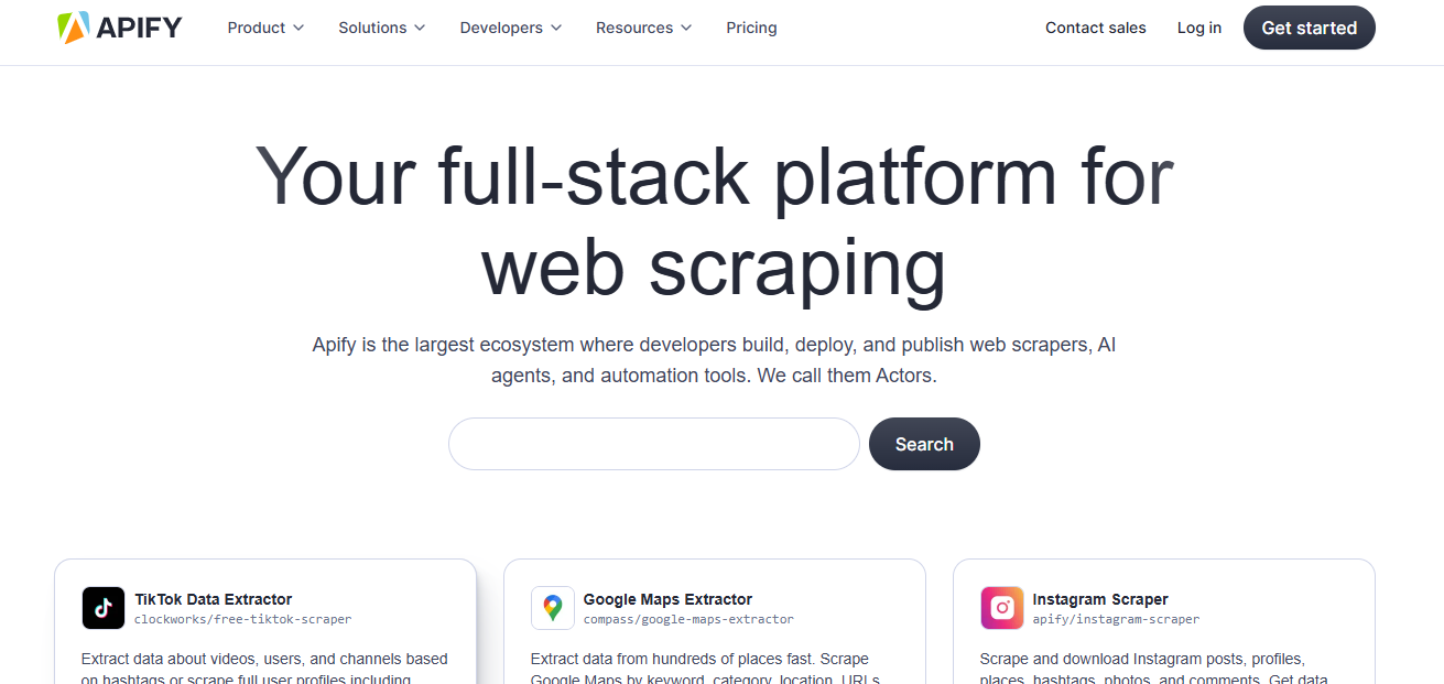 Screenshot of Apify's homepage featuring the tagline 'Your full-stack platform for web scraping' and a search bar, with menu options and sample data extractor tools below.