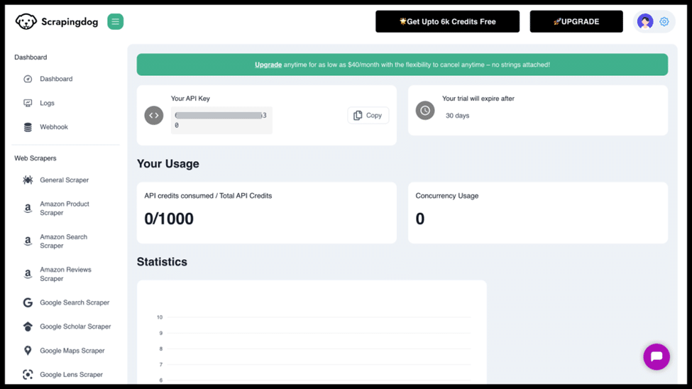 Scrapingdog dashboard