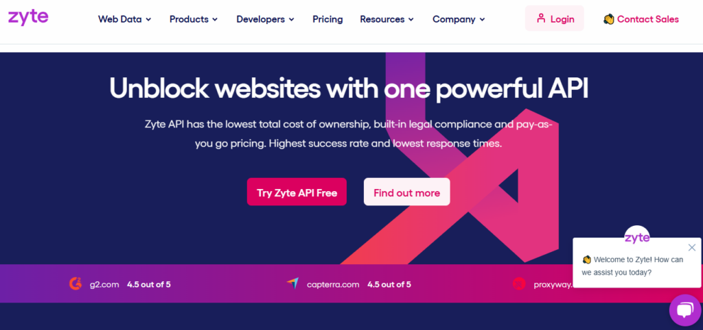 A webpage banner for Zyte featuring the text 'Unblock websites with one powerful API' and mentions of low cost, legal compliance, and high success rates. Options to try Zyte API for free and find out more are provided. Customer support chatbot is visible in the bottom right corner.