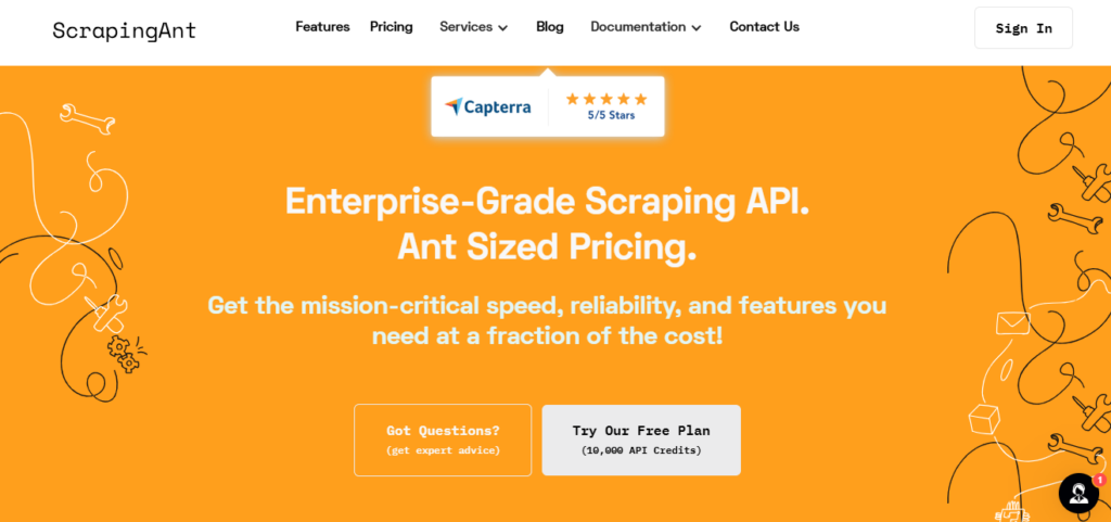 Screenshot of ScrapingAnt homepage featuring a Capterra 5-star rating, the text 'Enterprise-Grade Scraping API. Ant Sized Pricing,' and options to get advice or try a free plan with 10,000 API credits.