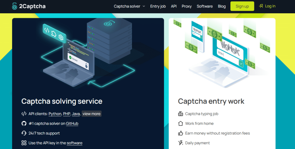 Webpage screenshot featuring a captioning service advertisement with a computer and server graphics, highlighting API client options like Python, PHP, and Java, and offering captcha typing jobs with benefits such as daily payment and no registration fees.
