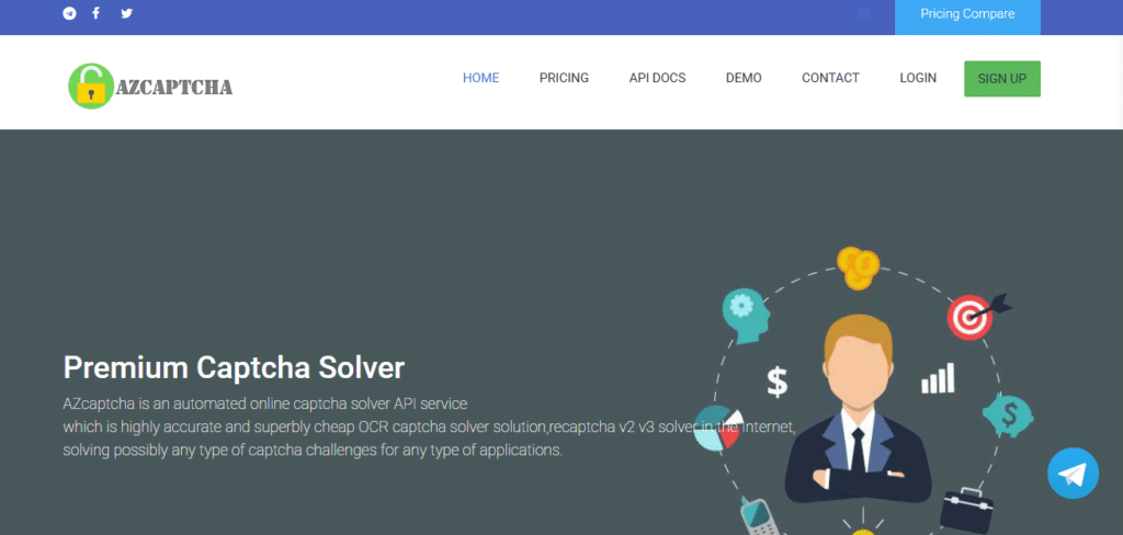 Website interface for AZCaptcha, featuring a navigation menu with options like Home, Pricing, API Docs, Demo, Contact, Login, and Sign Up. The page highlights a "Premium Captcha Solver" service with an illustration of a business person surrounded by icons of money, devices, and targets.