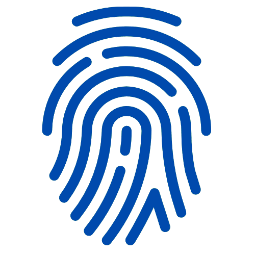 A blue fingerprint icon with concentric curved lines resembling a human fingerprint pattern on a transparent background.