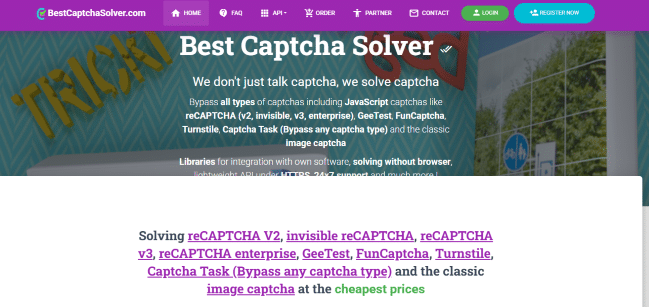 Screenshot of the BestCaptchaSolver website homepage, featuring a header with navigation links, logo, and login and register buttons. The page highlights various captcha solving services including reCAPTCHA V2, invisible reCAPTCHA, and image captcha bypass solutions.