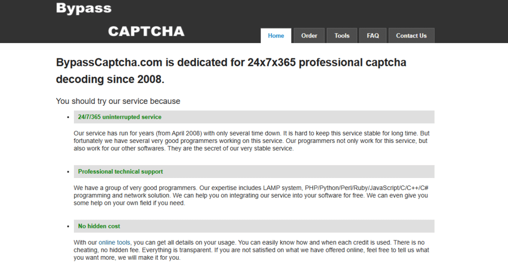 Screenshot of BypassCaptcha.com homepage highlighting services since 2008, offering 24/7 service, professional support, and no hidden costs.