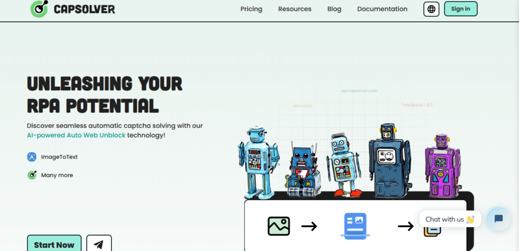 Website homepage showing a banner with the text 'Unleashing Your RPA Potential' alongside a row of illustrated robots and icons promoting AI-powered technology features.