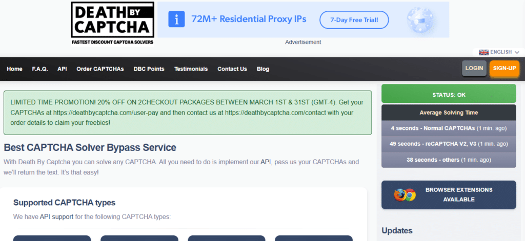 Screenshot of the Death By Captcha website showing promotional offers, CAPTCHA solving services, average solving times, and browser extension availability.