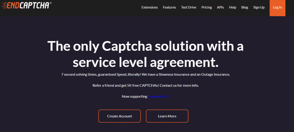 Website screenshot of EndCaptcha with a headline claiming to be the only captcha solution with a service level agreement, offering 7-second solving times, slowness and outage insurance, and support for recaptcha v3. Includes buttons for creating an account and learning more.
