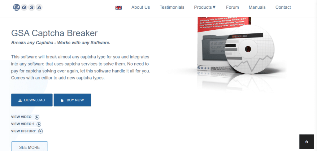 Web page for GSA Captcha Breaker software offering features like captcha breaking and integration with other software, with options to download or buy.