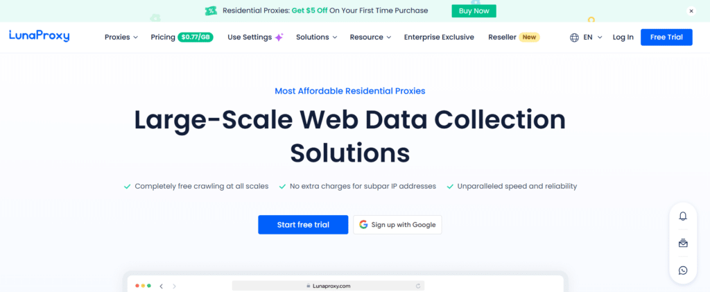 Screenshot of the LunaProxy website highlighting large-scale web data collection solutions with offers of free crawling and no extra charges for subpar IP addresses.