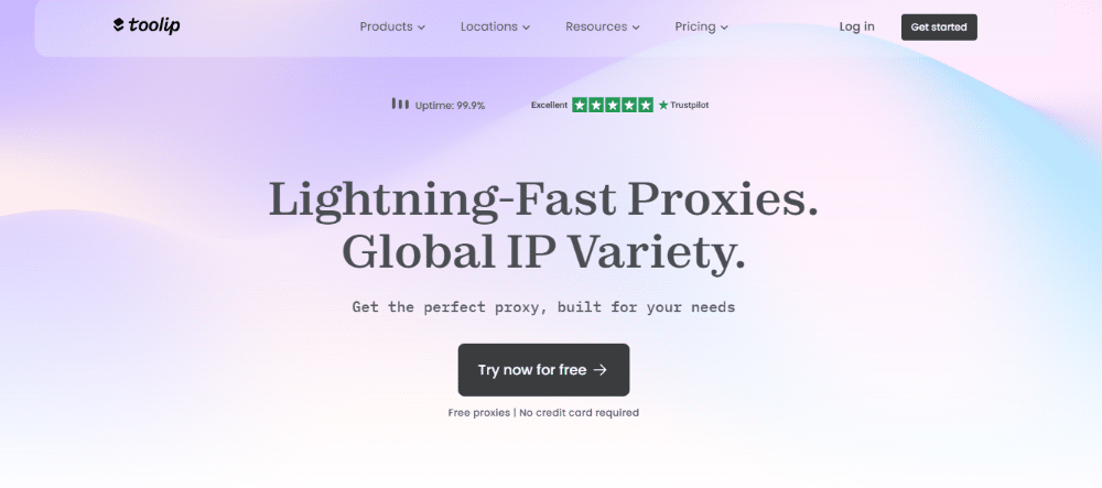 Website homepage for Toolip featuring text promoting lightning-fast proxies and global IP variety, with options to try for free. The design includes a pastel gradient background and navigation options at the top.