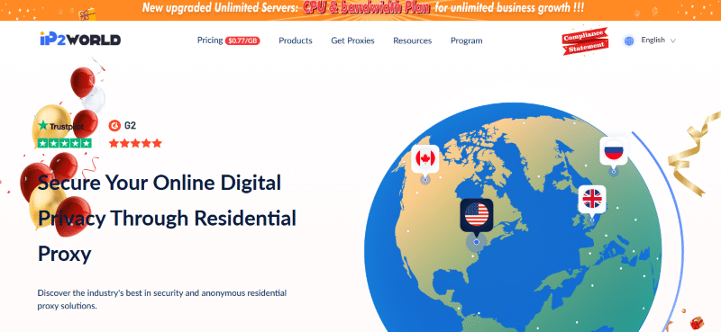 A website homepage for ip2world advertising residential proxy services, featuring a globe with flag icons representing different countries, and a banner promoting new server and bandwidth plans.