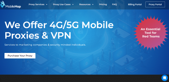 Website homepage for MobileHop, highlighting their 4G/5G mobile proxies and VPN services. The page includes a blue background with security-themed graphics and a call-to-action button labeled 'Purchase Your Proxy.'
