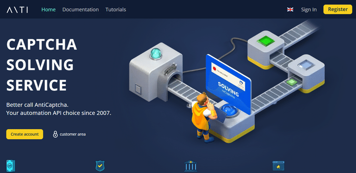 A website homepage for 'AntiCaptcha' featuring a 3D illustration of a conveyor belt with a worker interacting with a CAPTCHA-solving machine. The text reads "CAPTCHA Solving Service" with options to create an account or access the customer area. Navigation links include Home, Documentation, and Tutorials. Sign in and register buttons are present in the top right corner.