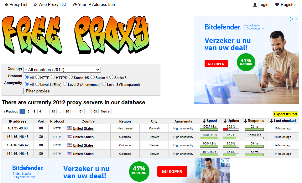 A screenshot of a website offering free proxy servers, with options for filtering by country, protocol, and anonymity level. It displays a list of proxy IP addresses, port numbers, countries, regions, cities, anonymity levels, speeds, uptimes, response times, and last checked times. The top banner features a colorful 'Free Proxy' logo, and there's an advertisement for Bitdefender on the right side.
