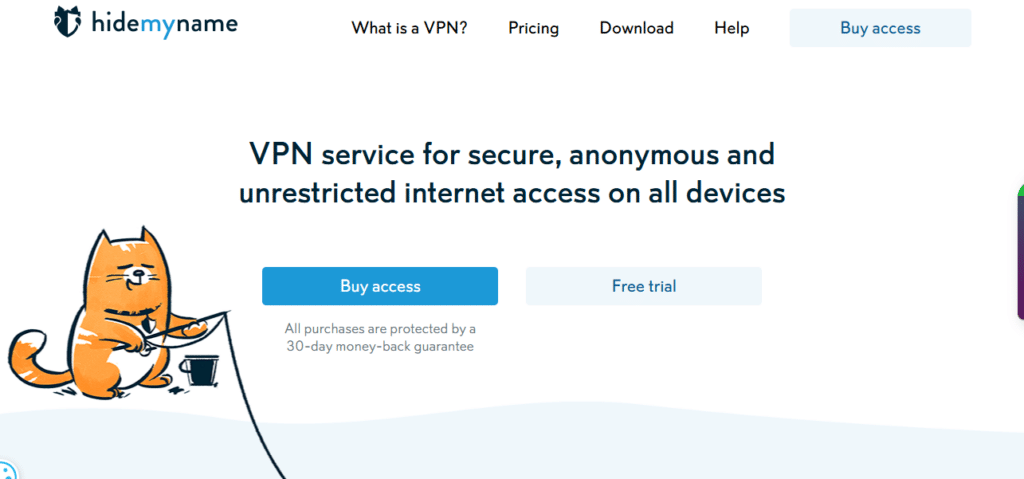 Website page for hide my name VPN service, featuring text promoting secure and anonymous internet access, with buttons for buying access and a free trial, and an illustration of a fishing cat.
