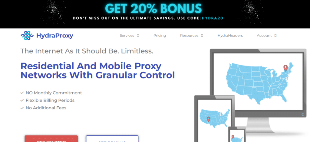 A webpage for HydraProxy displaying a 20% bonus offer with code HYDRA20 at the top. It advertises their residential and mobile proxy networks with features like no monthly commitment, flexible billing, and no additional fees. Images of the USA map on computer and phone screens are shown.