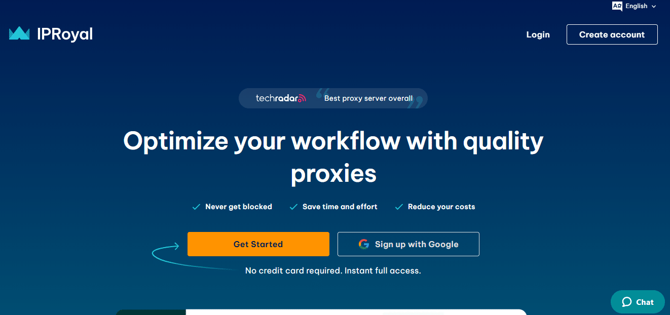 Webpage of IPRoyal encouraging users to "Optimize your workflow with quality proxies" with options to "Get Started" or "Sign up with Google."