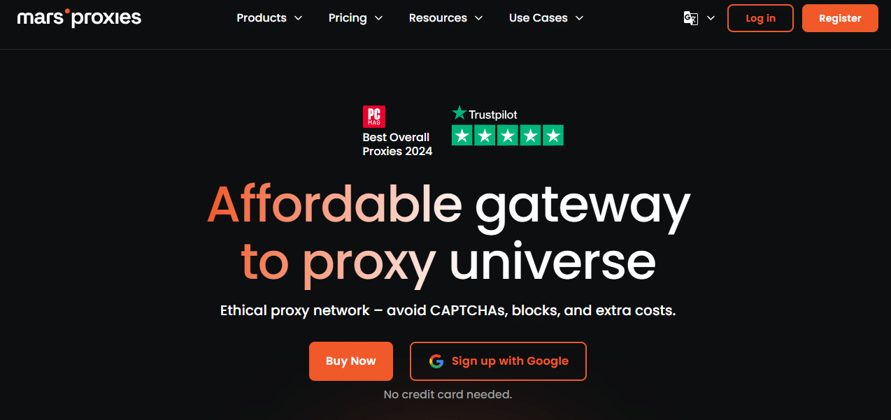 Webpage for Mars Proxies featuring promotional text "Affordable gateway to proxy universe" with options to buy or sign up with Google, along with PC Mag Best Overall Proxies 2024 award and a Trustpilot five-star rating.