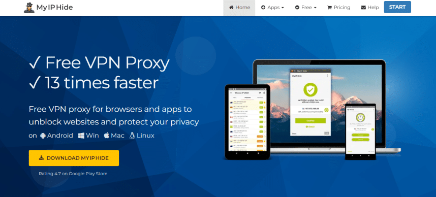 Promotional webpage for My IP Hide, advertising a free VPN proxy that is '13 times faster.' Features include support for Android, Windows, Mac, and Linux devices, with a download button and a graphical display of the service on a laptop and two mobile devices.