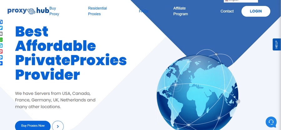 A webpage for Proxy Hub advertising itself as the "Best Affordable Private Proxies Provider," featuring a blue and white theme with a globe illustration. It mentions having servers in various countries including the USA, Canada, and several in Europe. Navigation options and a "Buy Proxies Now" button are displayed.