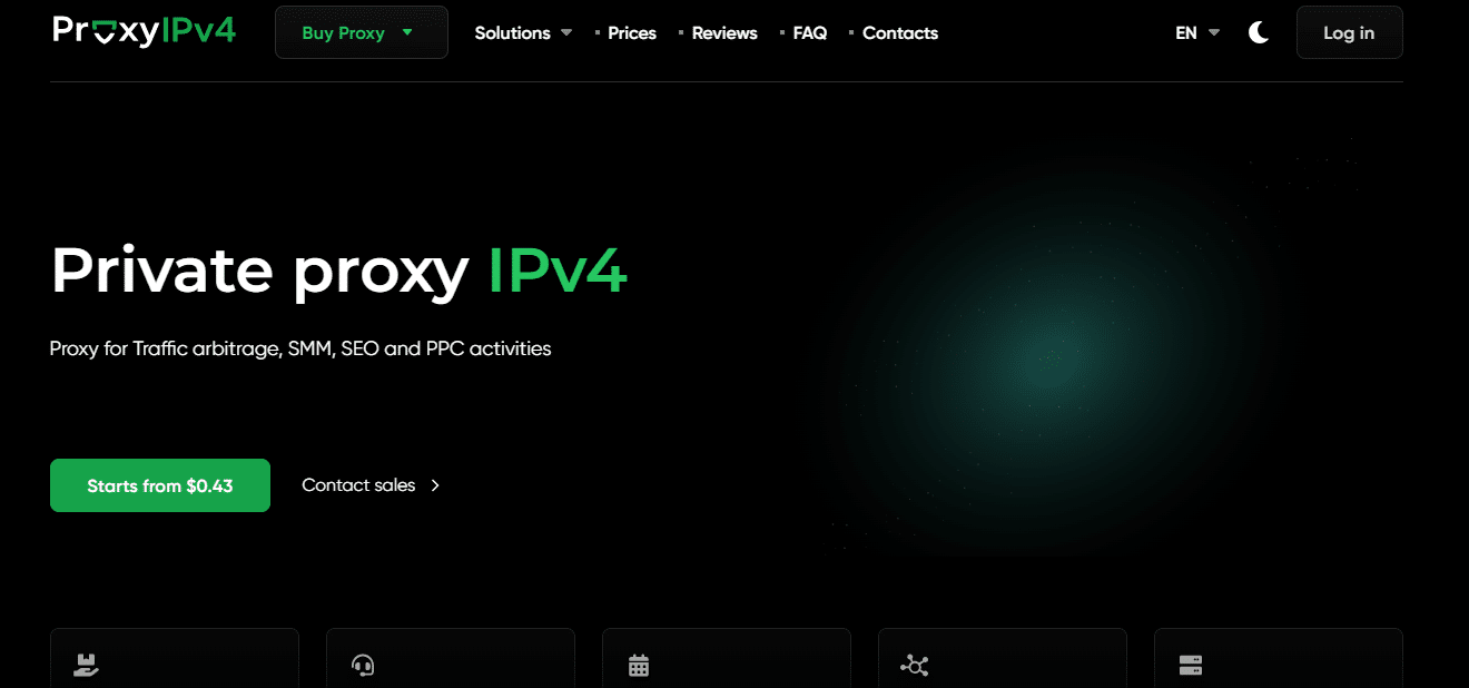 Website homepage displaying a service for private IPv4 proxies, advertised for traffic arbitrage, SMM, SEO, and PPC activities, with a starting price from $0.43.