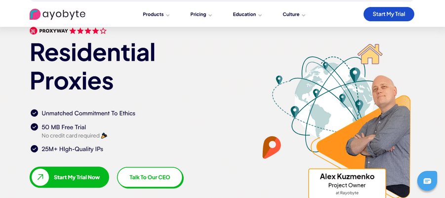 Rayobyte website screenshot showing features of residential proxies, including a 50 MB free trial and 25M+ high-quality IPs. Highlighted is "Unmatched Commitment To Ethics" alongside buttons for starting a trial or contacting the CEO. An image of a person with their arms crossed is on the right.