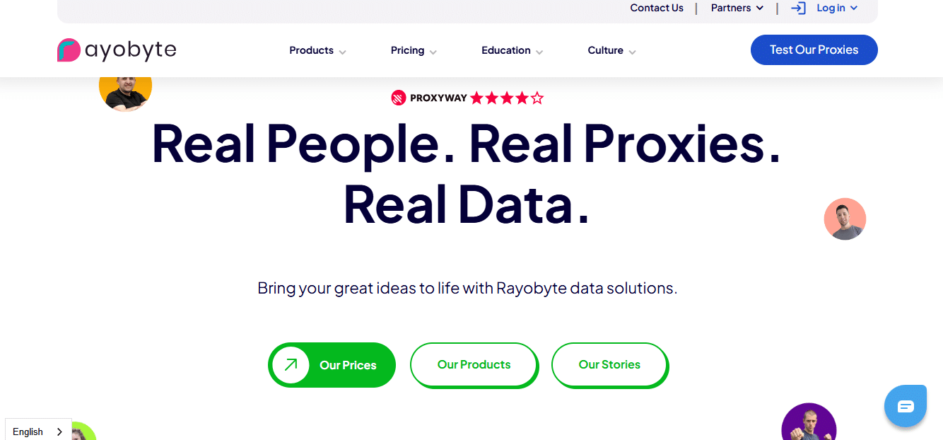 Website homepage for Rayobyte featuring the slogan 'Real People. Real Proxies. Real Data.' with options for 'Our Prices,' 'Our Products,' and 'Our Stories.'