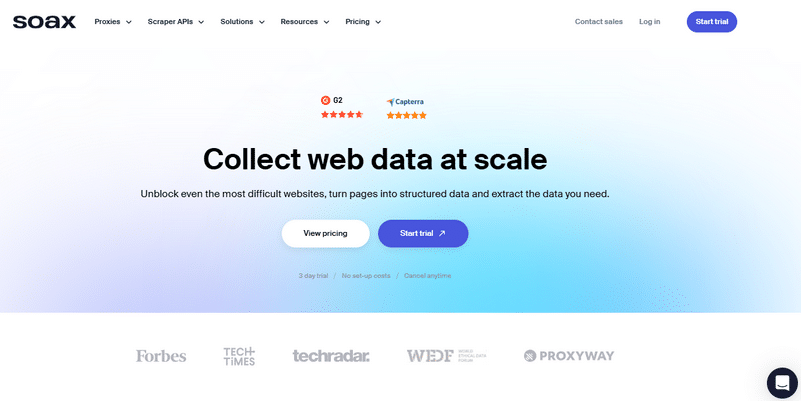 Website homepage of Soax, offering services to collect web data at scale, featuring options for viewing pricing and starting a trial, with company logos like Forbes and TechRadar below.