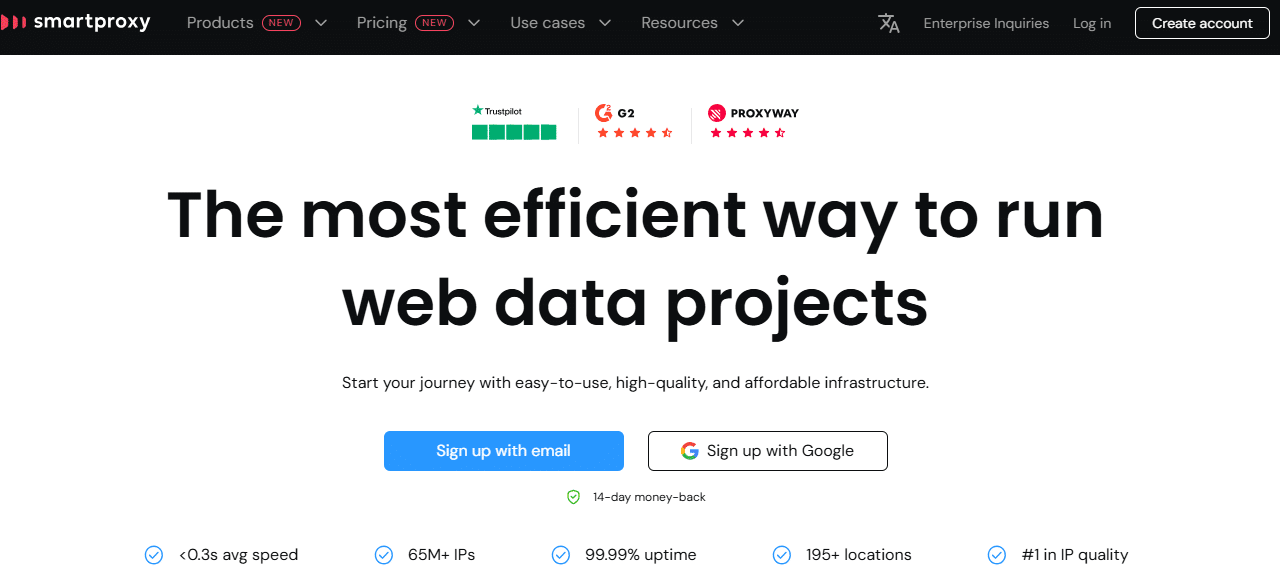 Webpage screenshot of Smartproxy featuring a banner that reads, "The most efficient way to run web data projects," along with options to sign up via email or Google. The page also highlights features like average speed, number of IPs, uptime, and locations, and displays ratings from Trustpilot, G2, and Proxyway.
