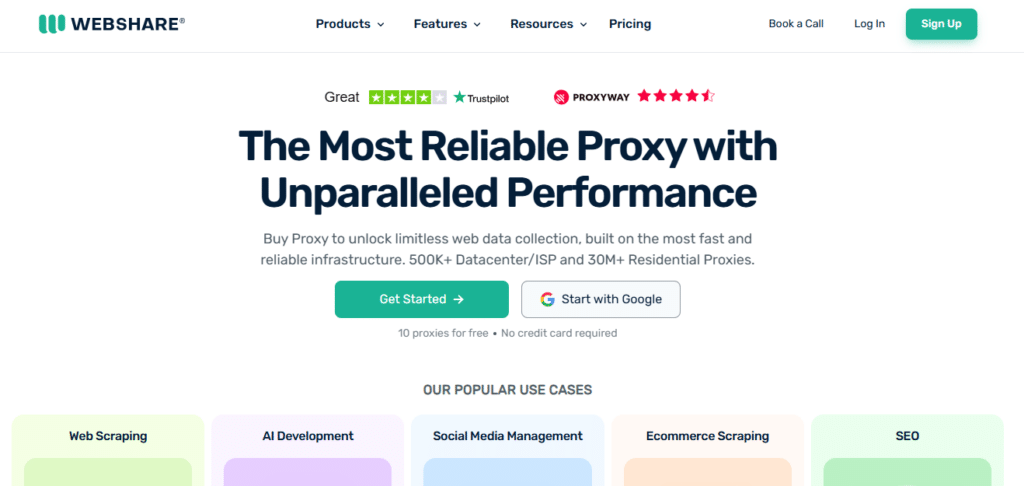 Webshare website screenshot showing a headline about reliable proxy services, trust ratings, and options to get started or sign up using Google. The page highlights various use cases for proxies, such as web scraping and AI development.