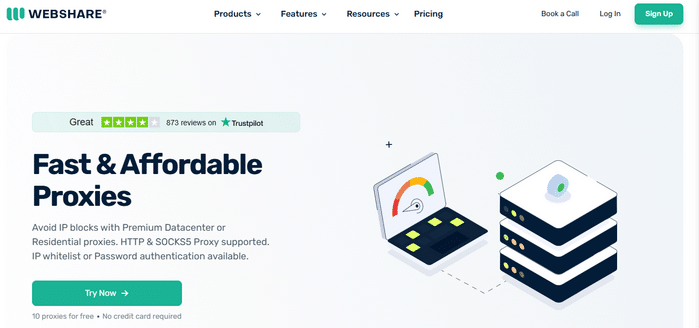 Webshare homepage featuring a "Fast & Affordable Proxies" slogan, with a high Trustpilot rating, and illustrations of servers and a speedometer on a laptop screen.