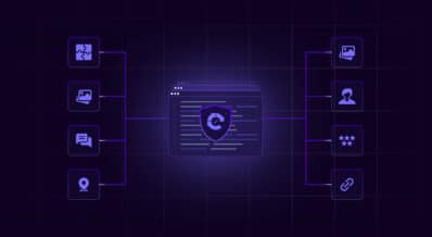 A digital illustration depicting a centralized security interface with icons connected by lines. The central icon shows a browser window with a shield and refresh symbol. On the left are icons representing a puzzle, photo, chat, and location. On the right are icons for a photo, person, rating, and chain link. The background is dark with a grid pattern, emphasizing the theme of information security or network integration.