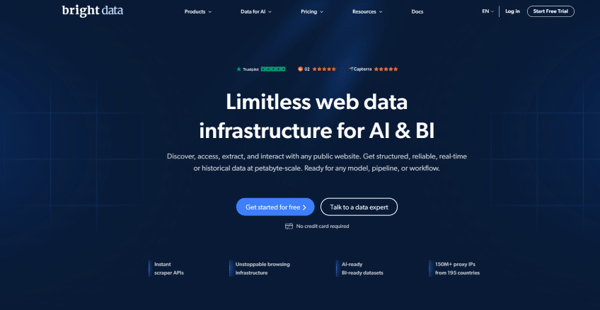 Web page screenshot of Bright Data offering web data infrastructure for AI and BI, highlighting features like scraper APIs, browsing infrastructure, and proxy IPs, with options to start a free trial or consult a data expert.
