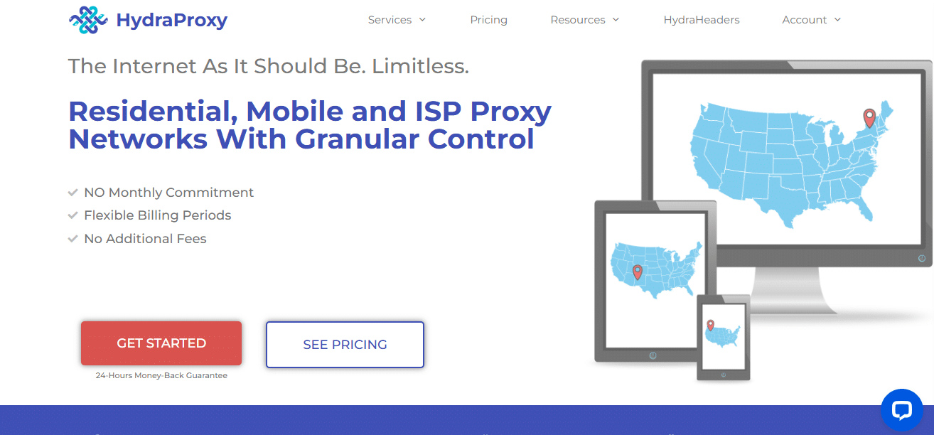 HydraProxy homepage displaying services for residential, mobile, and ISP proxy networks with a map of the U.S. on electronic devices.