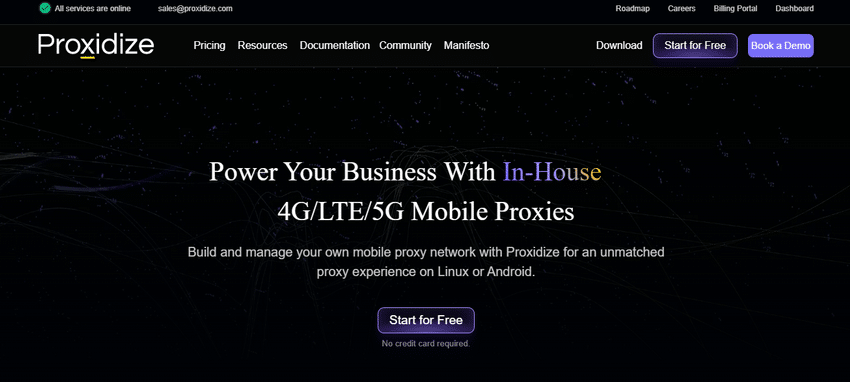 Screenshot of the Proxidize website homepage featuring navigation links, a banner promoting in-house 4G/LTE/5G mobile proxies, and buttons to start for free or book a demo.