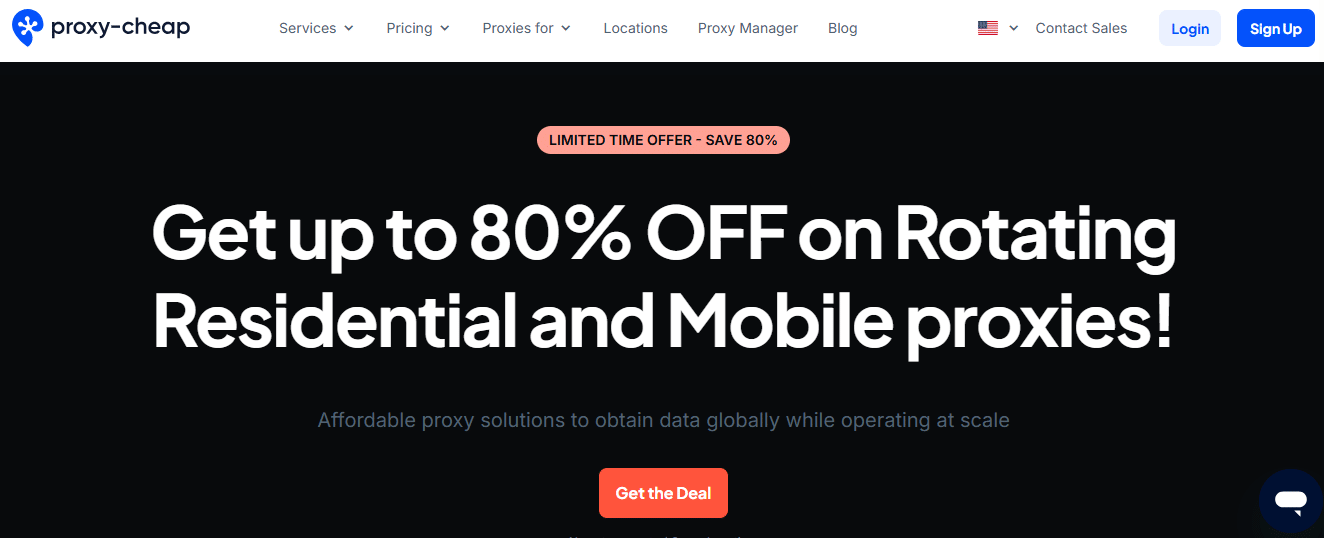 Promotional webpage offering up to 80% off on rotating residential and mobile proxies from Proxy-Cheap, with a "Get the Deal" button and menu options for services, pricing, and more.