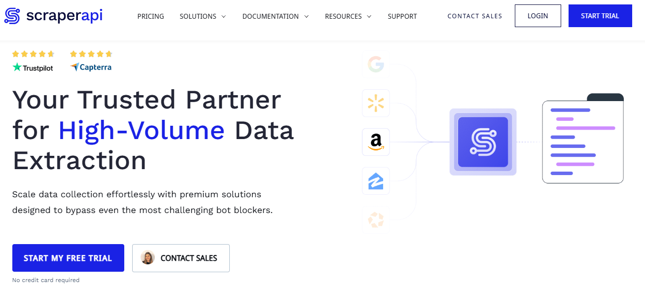 Webpage of ScraperAPI featuring ratings from Trustpilot and Capterra, with a headline promoting its high-volume data extraction service and options to start a free trial or contact sales.