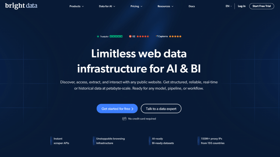 Screenshot of Bright Data's homepage showing their service offerings, including limitless web data infrastructure for AI and BI. The page features options to get started for free or talk to a data expert, with no credit card required. Offers include instant scraper APIs and a browsing infrastructure.